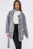 Grey Fall & Winter Unique Versatile Contrast Trim Button Up Coat With Scarf
