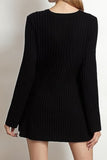 KATCH ME Black Versatile Knit Crew Neck Cuff Slit Rib Long Sleeve Slim Sweater Dress Dress