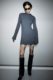 KATCH ME Charcoal Versatile Knit Crew Neck Cuff Slit Rib Long Sleeve Slim Sweater Dress Dress