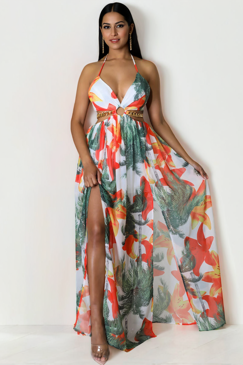 KATCH ME Floral Print Deep V Halter High Split Maxi Dress