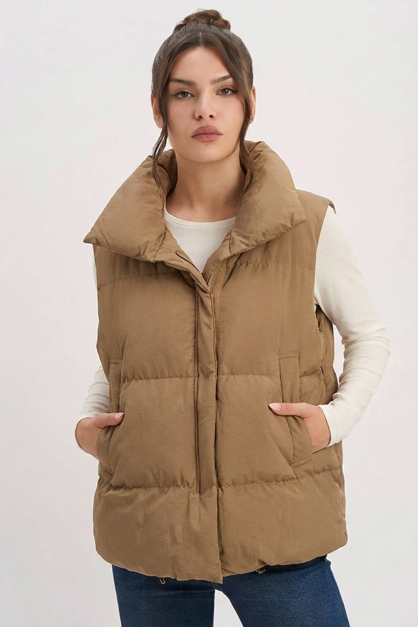 KATCH ME Solid Color Zip-Up Cotton Gilet
