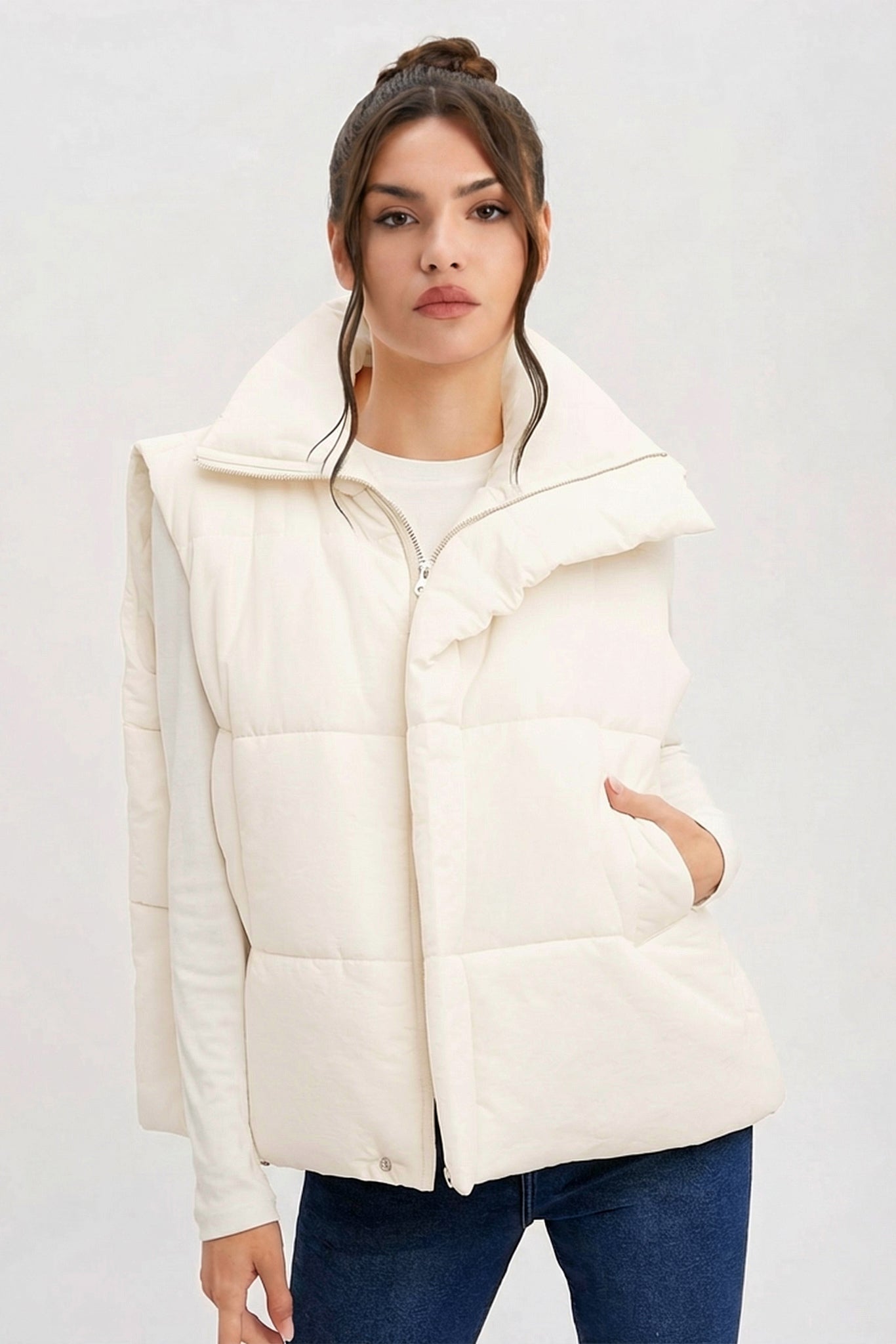 KATCH ME Solid Color Zip-Up Cotton Gilet