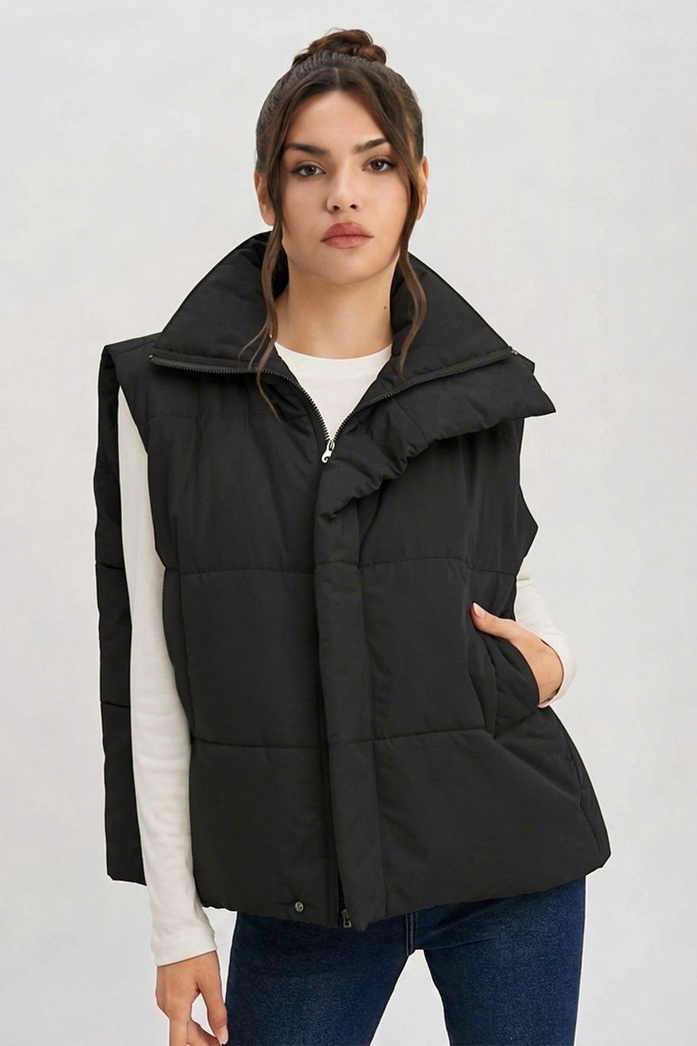 KATCH ME Solid Color Zip-Up Cotton Gilet