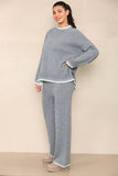 KATCH ME Grey Chic Loungewear Wavy Edge Round Neck Pullover & Wide Leg Pants Co-ord Co-ord