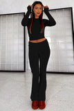 Black Versatile Round Neck Long Sleeve Slim Top & Folded Waist Flared Trousers Co-ord