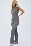 KATCH ME Charcoal Casual Round Neck Short Sleeve Puckery Slim Top & Folded Waist Trousers Co-ord Co-ord
