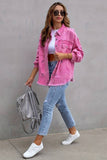 KATCH ME Pink Casual Denim Raw Edge Ripped Button Flap Pocket Jacket Coat