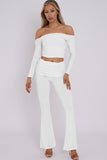White Chic Off The Shoulder Ruched Top & Wide Leg Trousers Co-ord