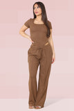 KATCH ME Brown Trendy Square Neck Shaping Bodysuit & High Waist Wide Leg Trousers Co-ord Co-ord 24.99