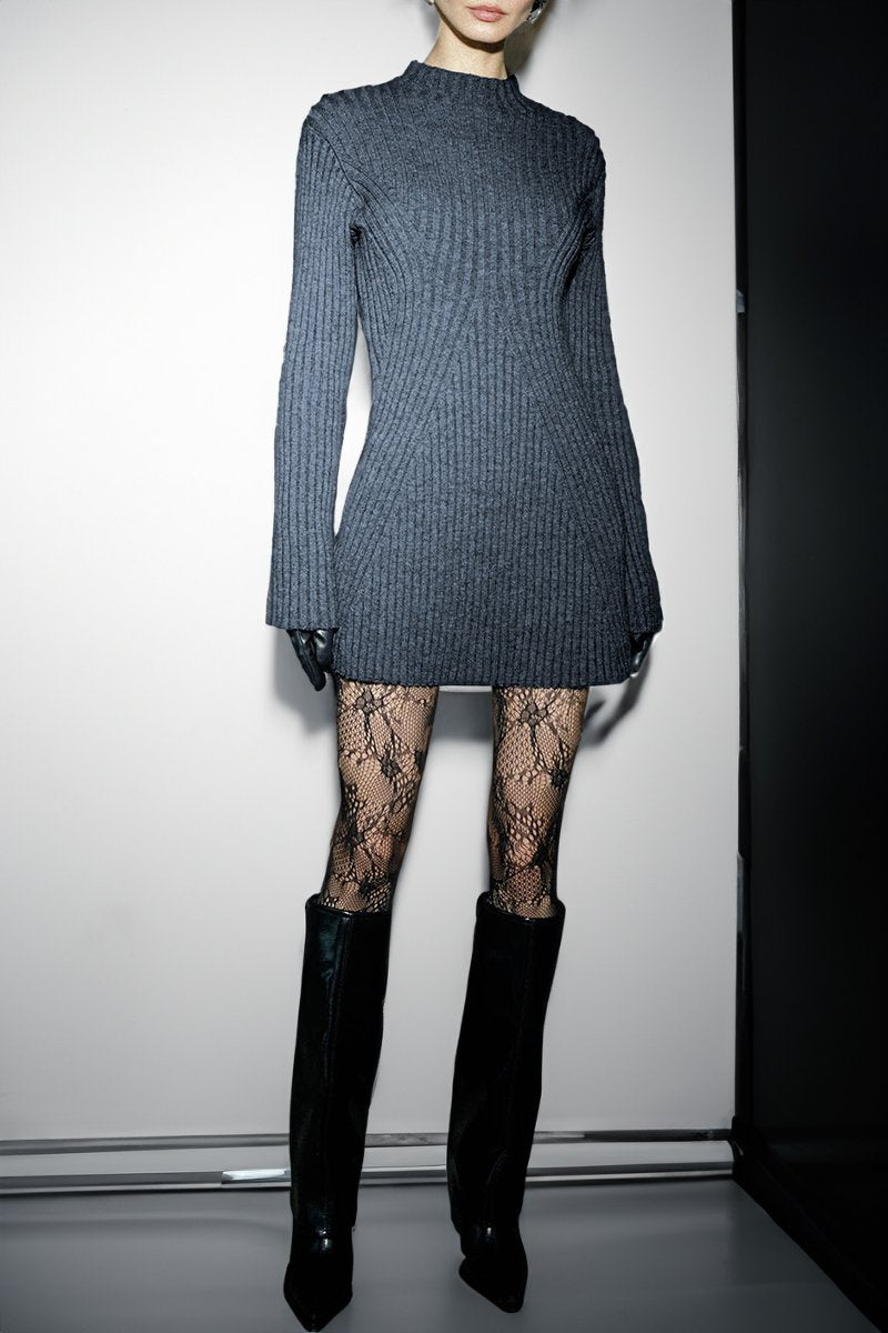 KATCH ME Charcoal Versatile Knit Crew Neck Cuff Slit Rib Long Sleeve Slim Sweater Dress Dress 23.99