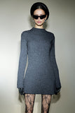 KATCH ME Charcoal Versatile Knit Crew Neck Cuff Slit Rib Long Sleeve Slim Sweater Dress Dress