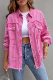 KATCH ME Pink Casual Denim Raw Edge Ripped Button Flap Pocket Jacket Coat