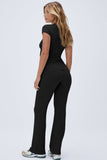 KATCH ME Black Casual Round Neck Short Sleeve Puckery Slim Top & Folded Waist Trousers Co-ord Co-ord