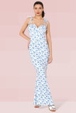 Blue Fresh Adjustable Straps Floral Print Tie-Up Slinky Maxi Dress
