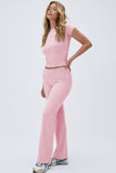 KATCH ME Baby Pink Casual Round Neck Short Sleeve Puckery Slim Top & Folded Waist Trousers Co-ord Co-ord