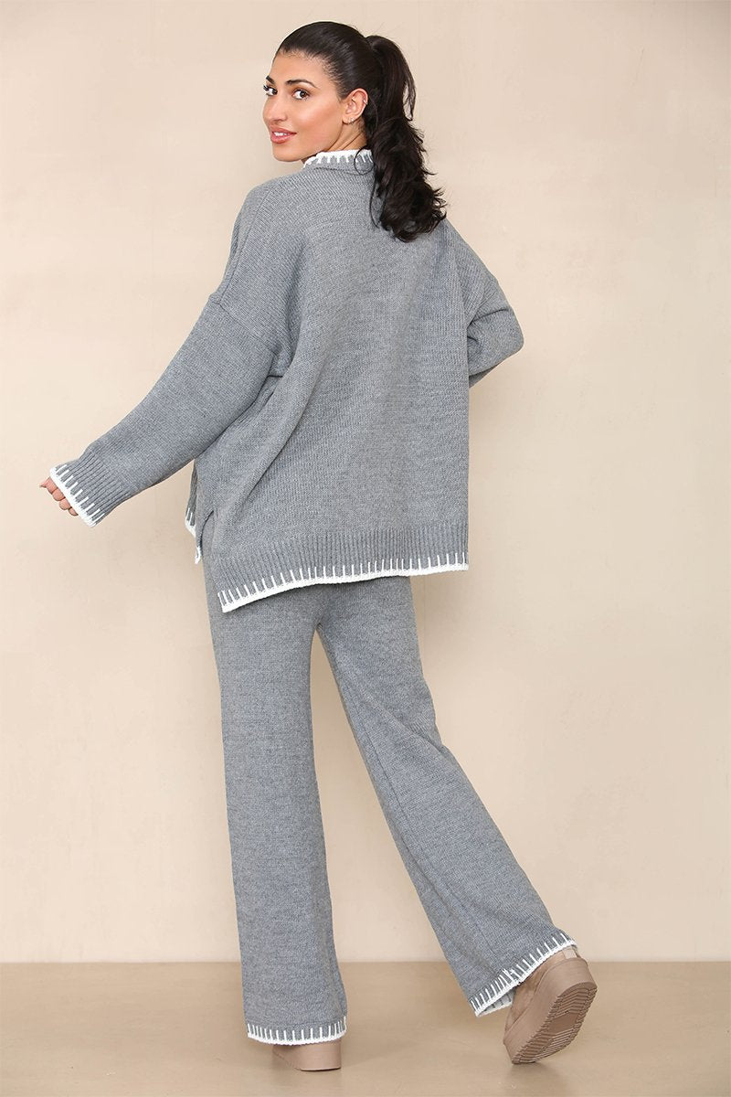 KATCH ME Grey Chic Loungewear Wavy Edge Round Neck Pullover & Wide Leg Pants Co-ord Co-ord