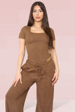 KATCH ME Brown Trendy Square Neck Shaping Bodysuit & High Waist Wide Leg Trousers Co-ord Co-ord