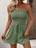 KATCH ME Summer Trendy Solid Color Shirred Partial Button Drawstring Sleeveless Playsuit Playsuit