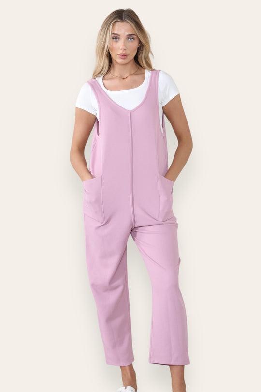 Athleisure Plain V Neck Sleeveless Pocket Baggy Jumpsuit