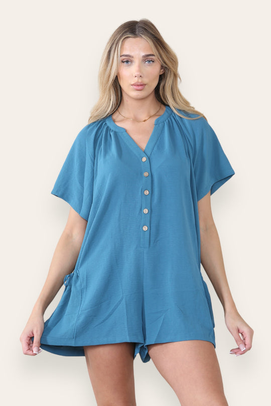 Plain V Neck Partial Button Baggy Pocket Playsuit