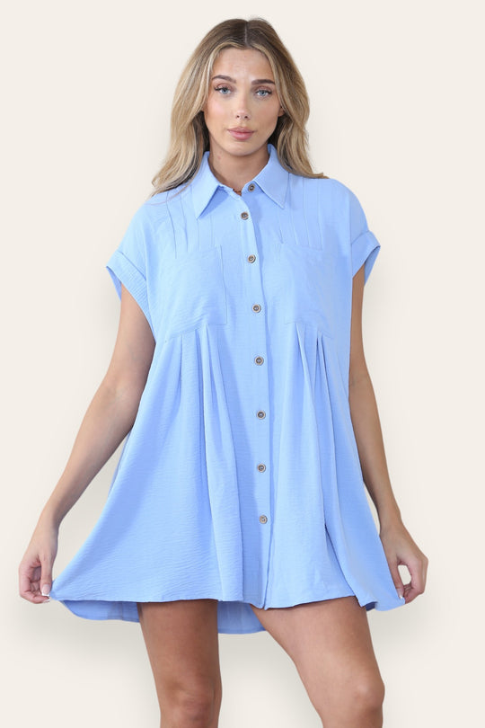 Leisure Collared Short Sleeve Button-Up Ruched Shirtdress
