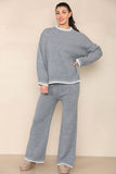Grey Chic Loungewear Wavy Edge Round Neck Pullover & Wide Leg Pants Co-ord