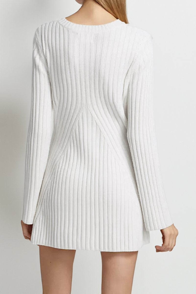 KATCH ME Beige Versatile Knit Crew Neck Cuff Slit Rib Long Sleeve Slim Sweater Dress Dress
