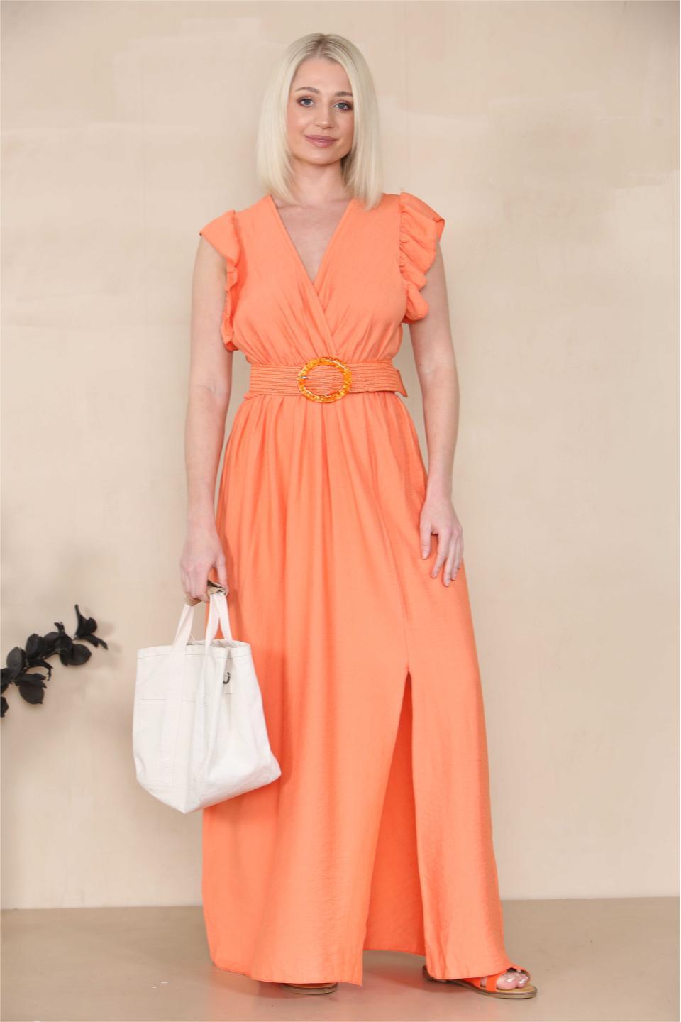 KATCH ME Women's Elegant Solid Color V Neck Puff Sleeve Tie-Up Slit Maxi Dress Dress 22.99