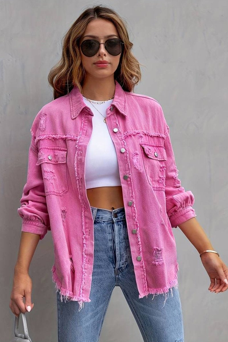KATCH ME Pink Casual Denim Raw Edge Ripped Button Flap Pocket Jacket Coat 31.99