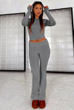 Charcoal Versatile Round Neck Long Sleeve Slim Top & Folded Waist Flared Trousers Co-ord