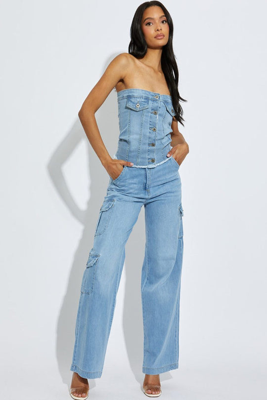 Trendy Denim High Waist Wide Leg Cargo Trousers