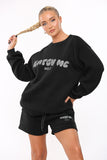 Black Versatile Letter Printing Crew Neck Sweatshirt & Drawstring Shorts Co-ord