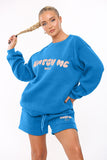 Blue Versatile Letter Printing Crew Neck Sweatshirt & Drawstring Shorts Co-ord