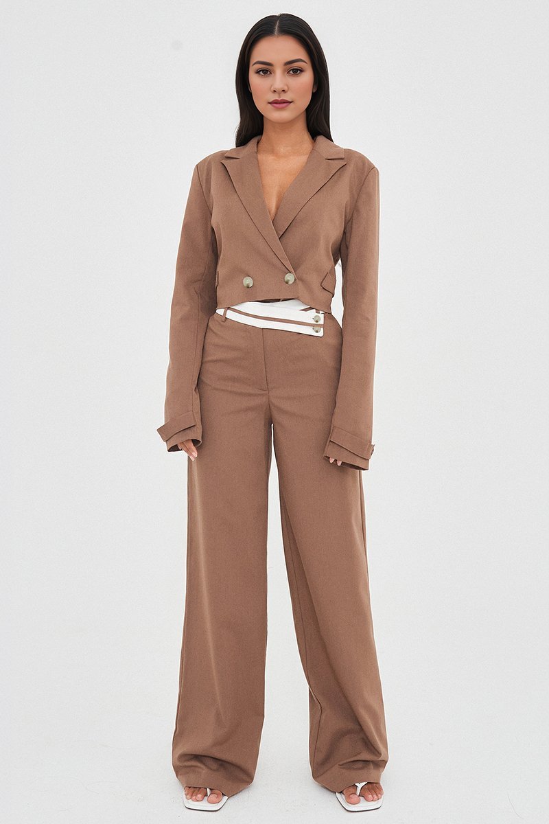 KATCH ME Deep V Button Cropped Blazer Loose Trousers Co-ord Set