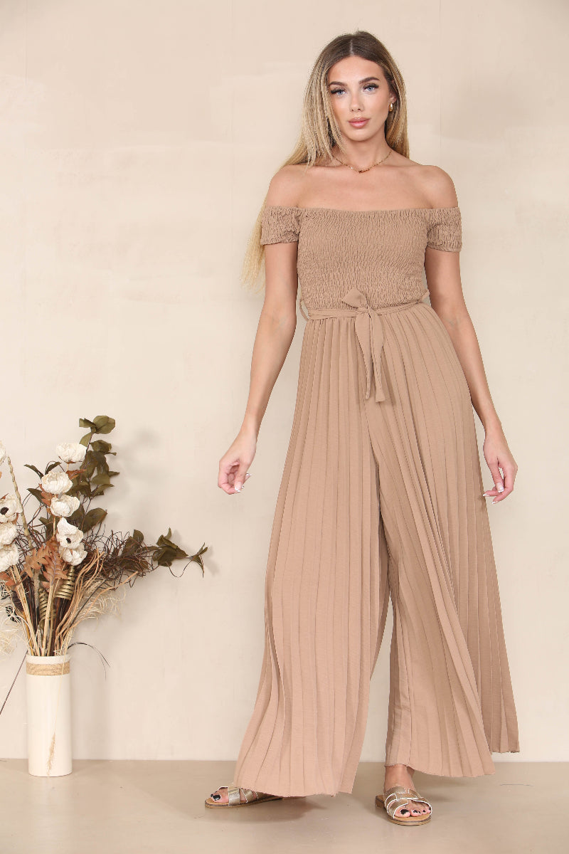KATCH ME Women's Trendy Plain Off The Shoulder Waist Tie Pleated Jumpsuit Dresses 28.22