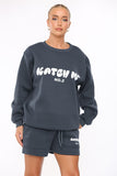 KATCH ME Dark Grey Versatile Letter Printing Crew Neck Sweatshirt & Drawstring Shorts Co-ord Co-ord