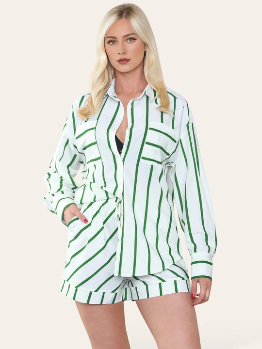 Trendy Color Matching Stripe Patch Pocket Button-Up Long Sleeve Shirt & Wide Leg Shorts Co-ord