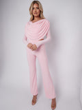 KATCH ME Pink Stylish Chic Draped Cowl Neck Crop Top & High Waist Trousers Co-ord Co-ord
