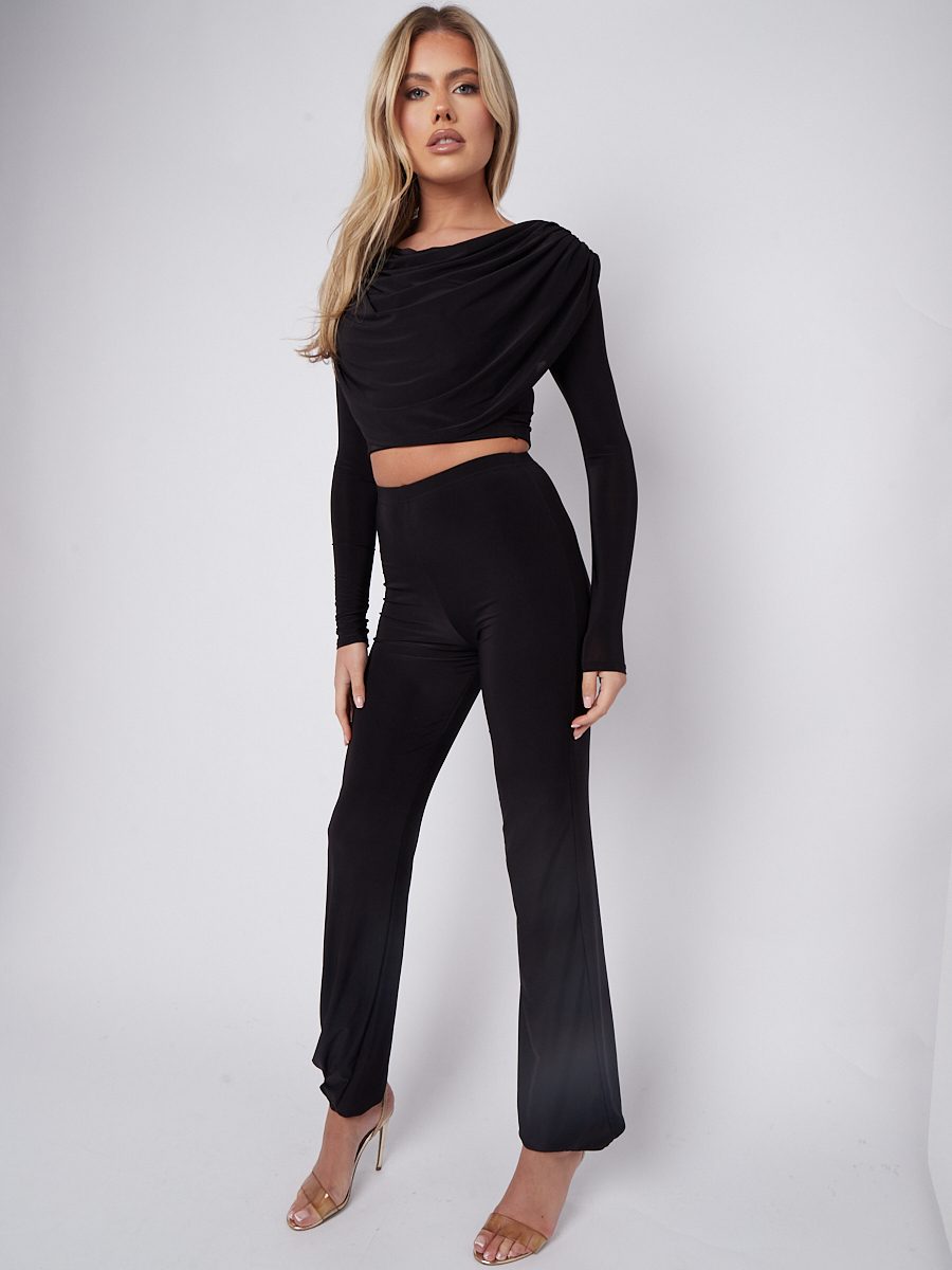 KATCH ME Black Stylish Chic Draped Cowl Neck Crop Top & High Waist Trousers Co-ord Co-ord