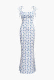 KATCH ME Blue Fresh Adjustable Straps Floral Print Tie-Up Slinky Maxi Dress Dress