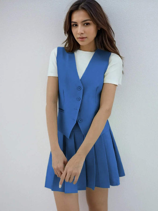 Summer Elegant V Neck Sleeveless Button Tank & Pleated Mini Skirt Co-ord