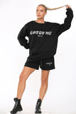 KATCH ME Black Versatile Letter Printing Crew Neck Sweatshirt & Drawstring Shorts Co-ord Co-ord