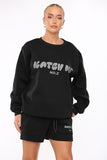 KATCH ME Black Versatile Letter Printing Crew Neck Sweatshirt & Drawstring Shorts Co-ord Co-ord