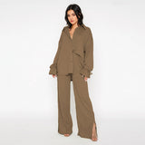 Commuter Solid Collared Tie-Up Long Sleeve Button Shirt & Wide Leg Trousers Co-ord