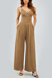 KATCH ME Camel Elegant Spaghetti Straps Thin Waist Backless Wide Leg Jumpsuit Jumpsuit