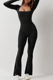 KATCH ME Black Sports Square Neck Long Sleeve Seamless Shaping Flared Jumpsuit Jumpsuit 18.99