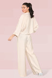 KATCH ME Beige Versatile Half Sleeve Button Crop Top & Elastic Waist Trousers Co-ord Co-ord