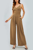 Camel Elegant Spaghetti Straps Thin Waist Backless Wide Leg Jumpsuit