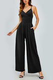 Black Elegant Spaghetti Straps Thin Waist Backless Wide Leg Jumpsuit