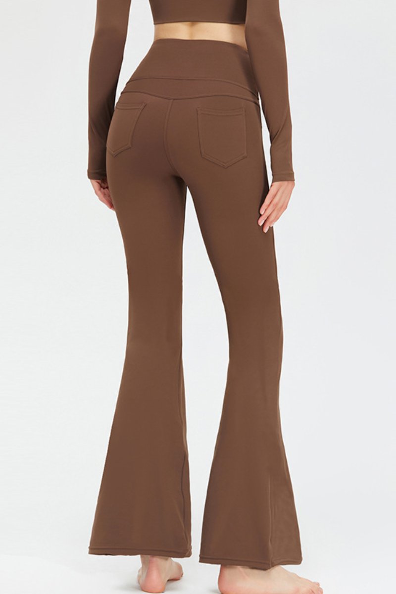 KATCH ME Brown Sport High Waist Stretch Pocket Flared Shaping Yoga Pants Trouser